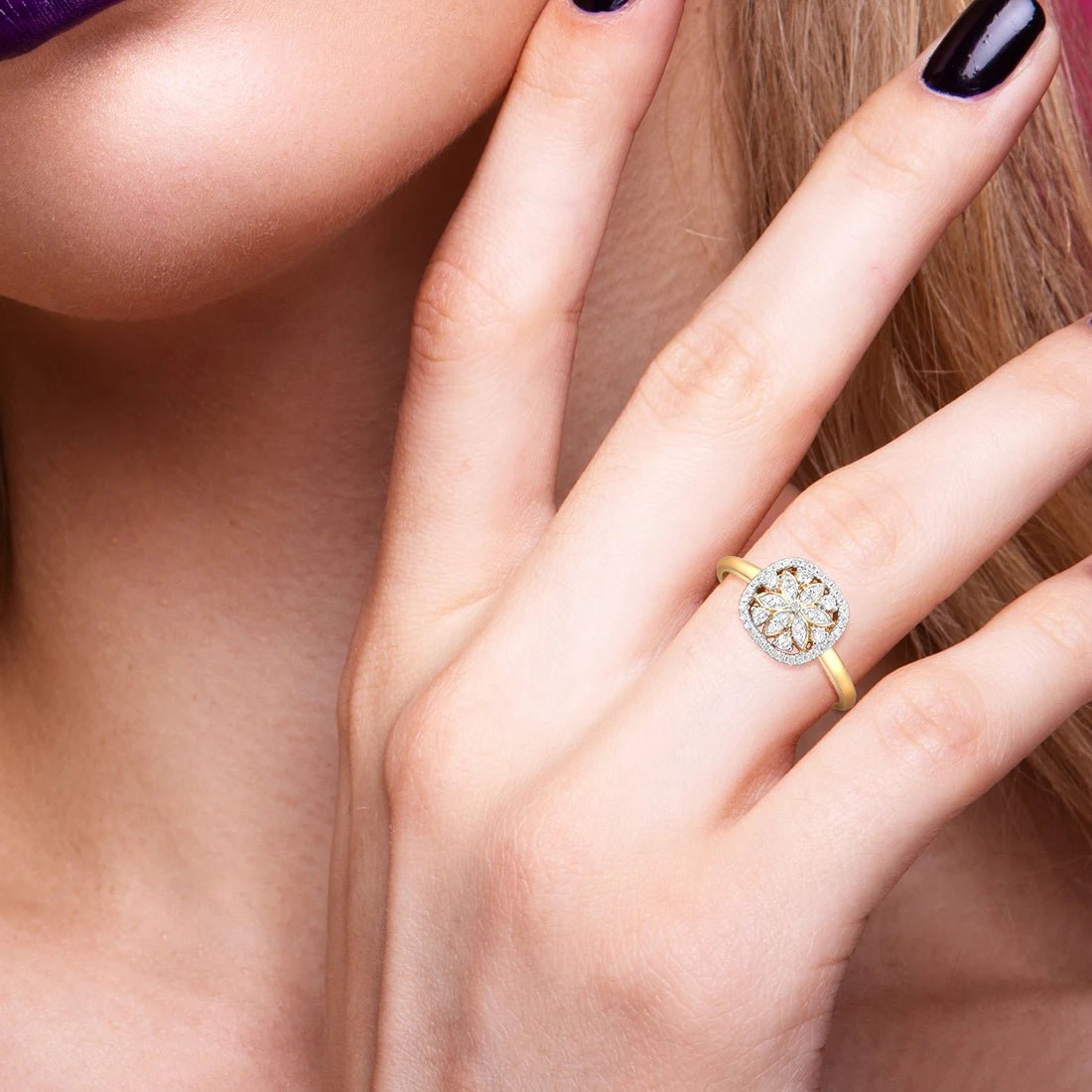 CROWN & ROYAL 14K Yellow Gold Diamond Flower Ring - Crown & Royal