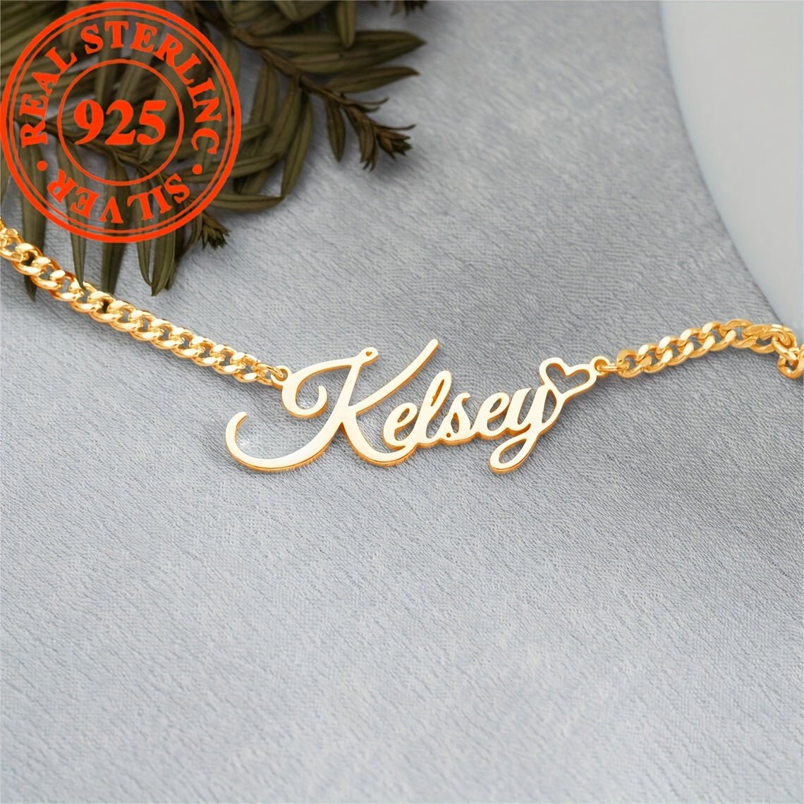 Personalized 925 Sterling Silver Name Pendant Necklace with Heart - Golden Plated - Crown & Royal