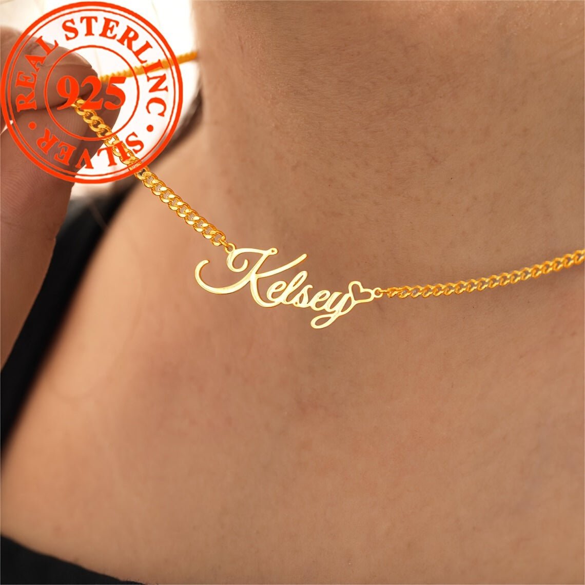 Personalized 925 Sterling Silver Name Pendant Necklace with Heart - Golden Plated - Crown & Royal